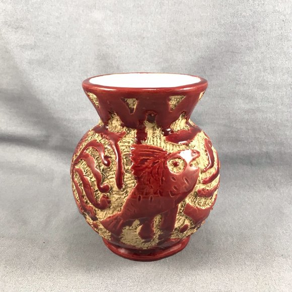 Vintage MCM Mid-century Red Italian Sgraffito Pottery Vase Fish 5" tall - Picture 10 of 10